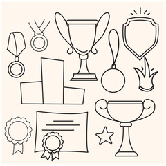 Award doodle hand drawn trophy set. Winner award cup, champion medal with illustration stye doodle and line art