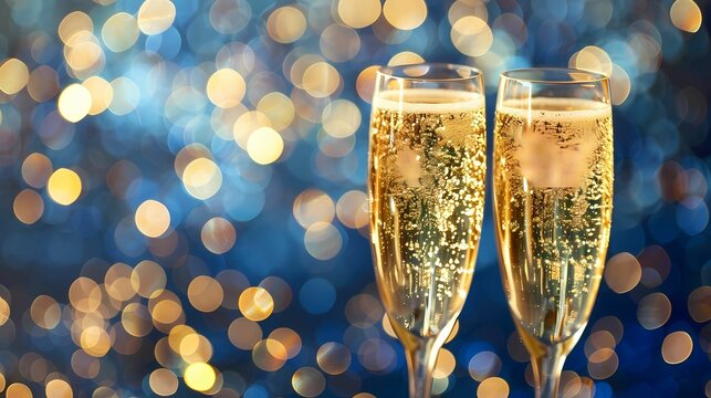 Champagne celebration with golden bokeh light glitter on blue abstract background, Generative AI illustrations. 