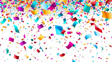 A photo of a colorful ribbon with confetti on white background.