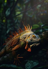 Fototapeta premium Green Iguana in Tropical Rainforest - A vibrant green iguana perched on a branch in a tropical rainforest, showcasing its intricate scales and colorful spines in natural habitat.