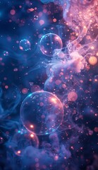 Magical abstract illustration of floating bubbles with vibrant lighting and bokeh effects