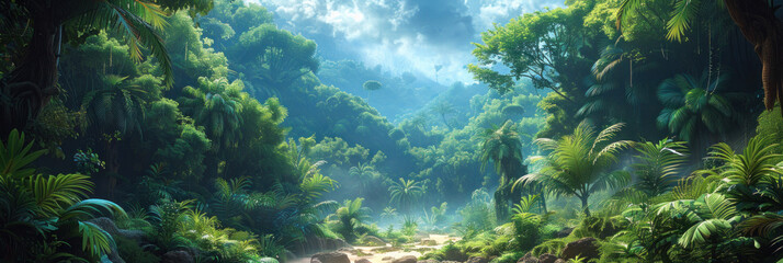 Fototapeta premium tropical jungle, filled with diverse plant life and towering trees, creating a tranquil green forest background teeming with life.