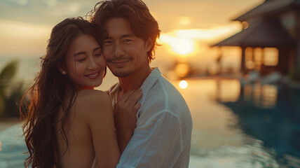 Back portrait of Asian young couple standing and hugging together looking happy in front of their new house to start new life. generative ai