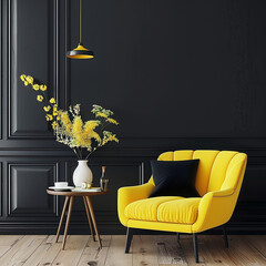 Living room interior has an yellow armchair on empty dark black wall background,Modern wooden living room, Ai generated