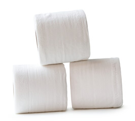Three rolls of white tissue paper or napkin prepared for use in toilet or restroom isolated with clipping path in png file format