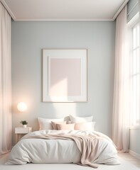 Mockup white empty frame in light cozy and simple bedroom interior background, 3d render