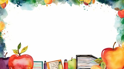 Watercolor illustration of a school frame with back-to-school theme featuring educational elements and supplies

