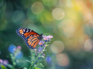 Obraz premium Beautiful butterfly on flower in the garden with green background, copy space concept