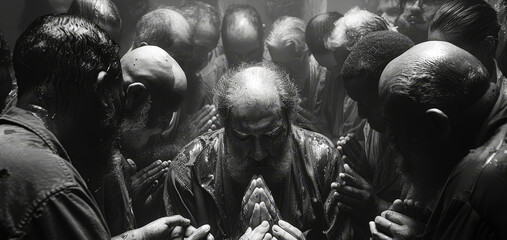 Old Men in Meditation Circle with Hands Clasped in Prayer in Black and White, Spiritual Unity, and Contemplation at Dawn