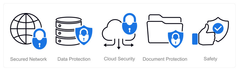 A set of 5 security icons as secured network, data protection, cloud security