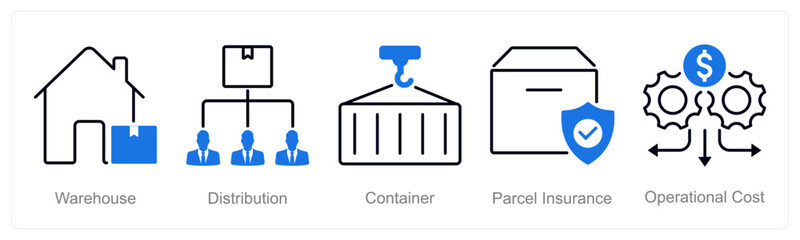 A set of 5 Logistics icons as warehouse, distribution, container, parcel insurance