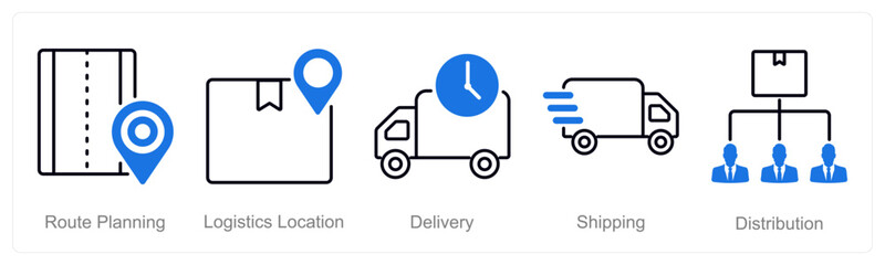 A set of 5 Logistics icons as route planning, logistics location, delivery