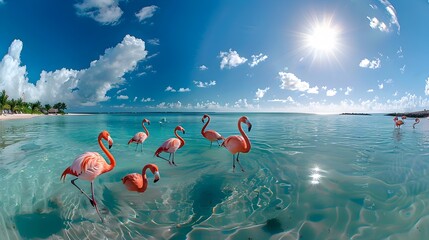 Flamingos Wading in Shallow Beach Waters