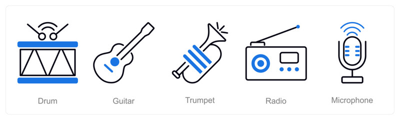 A set of 5 Music icons as drum, guitar, trumpet