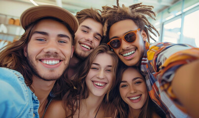 Fototapeta premium Joyful Teenagers Taking a Fun Selfie Indoors, Young Multiracial Friends Smiling, Bonding, and Having a Good Time Together During Daytime