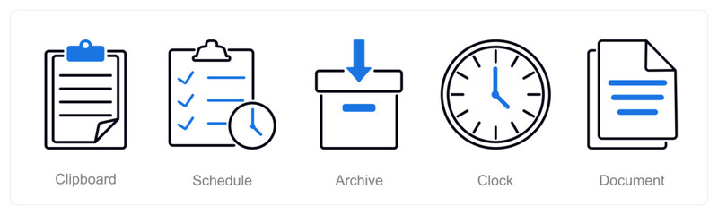 A set of 5 Office icons as clipboard, schedule, archive