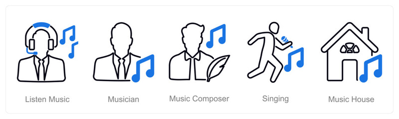 A set of 5 Music icons as listen music, musician, music composer