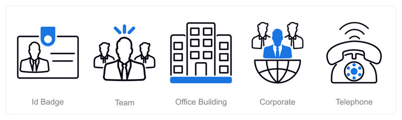 A set of 5 Office icons as id badge, team, office building