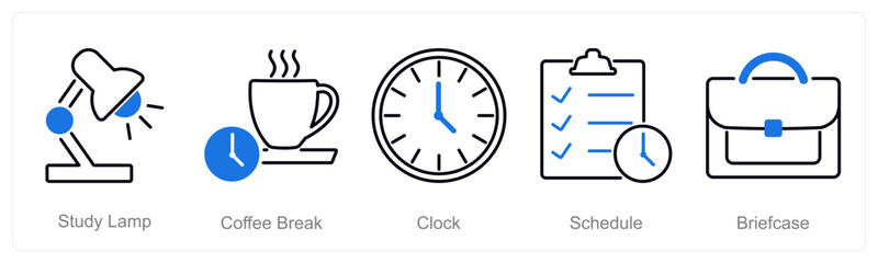 A set of 5 Office icons as study lamp, coffee break, clock