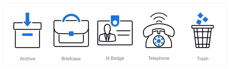 A set of 5 Office icons as archive, briefcase, id badge