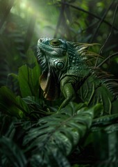 Obraz premium Green Iguana in Tropical Rainforest - A vibrant green iguana perched on a branch in a tropical rainforest, showcasing its intricate scales and colorful spines in natural habitat.