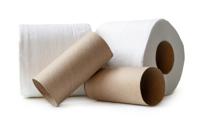 Two rolls of white tissue paper or napkin prepared for use in toilet or restroom with cores in stack isolated on white background with clipping path