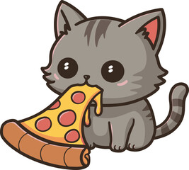 cartoon illustration of a cat eating a slice of pizza