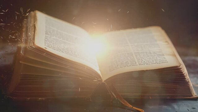 Close up studio shot of old retro hardcover book on dark background in warm light. Old vintage book laying,wind turning pages.