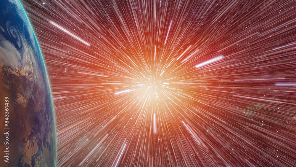 Aufkleber abstract flight in space hyper jump illustration with earth 
