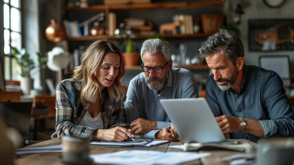 Mature couple discussing over documents with real estate agent at table.generative ai