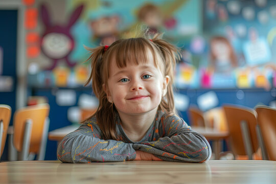 Portrait of a girl with Down syndrome in a classroom, promoting social inclusion and education for children with disabilities