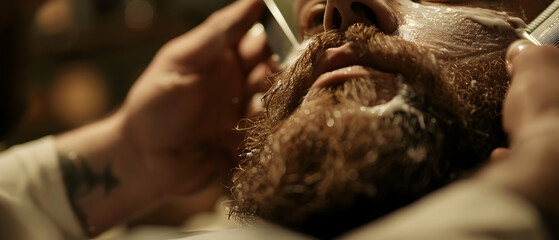 A close-up shot of a barber carefully shaping a client's beard using a straight razor, emphasizing the precision and expertise involved in classic grooming techniques