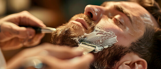 A close-up shot of a barber carefully shaping a client's beard using a straight razor, emphasizing the precision and expertise involved in classic grooming techniques