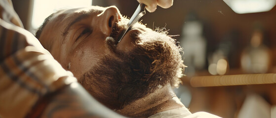 A close-up shot of a barber carefully shaping a client's beard using a straight razor, emphasizing the precision and expertise involved in classic grooming techniques