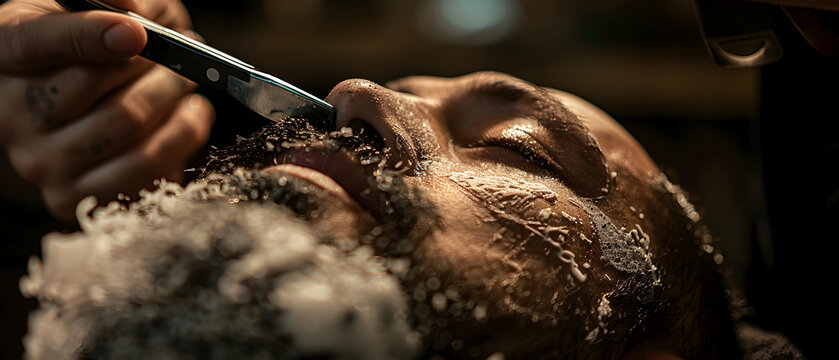 A close-up shot of a barber carefully shaping a client's beard using a straight razor, emphasizing the precision and expertise involved in classic grooming techniques - Powered by Adobe