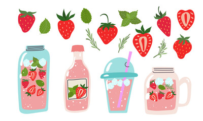 Summer strawberry lemonade set vector illustration. Collection beverage with berry, mint and rosemary