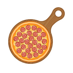 Isolated on white background pepperoni pizza on a kitchen board