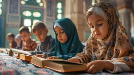 Obraz premium Young children learning to read the Quran during Ramadan, depicting a touching scene of religious education and devotion.