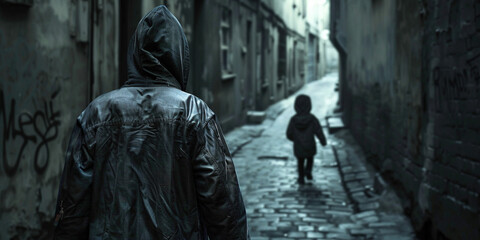 Back of man in hood following child kid in dark park street at night late evening. Crime, stalking and sexual assault concept