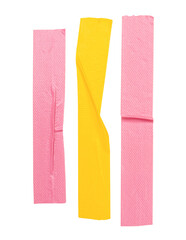 Top view set of pink and yellow wrinkled adhesive vinyl tape or cloth tape in stripe shape scattering isolated with clipping path in png file format