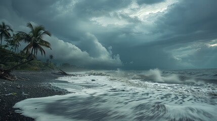 Obraz premium Bad weather conditions with lots of clouds, high waves and strong winds cause flooding due to the La Niña phenomenon.