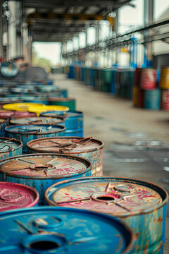 Group of steel barrel tanks or oil drums containing toxic chemicals