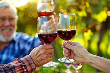 Happy friends toasting with glasses of red wine at a countryside vineyard or winery restaurant