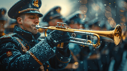 Military Brass Band Performing in Snow - Patriotic Music and Winter Ceremony