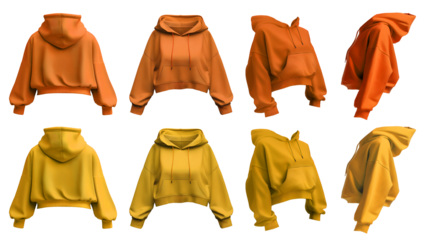 2 Set of yellow orange mustard woman cropped hoodie hoody oversized Drop Shoulder sweatshirt jumper sweater long sleeve, front back side on transparent cutout PNG. Mockup template for artwork design
