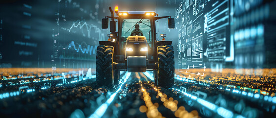 Tractor on field with crops helped by technology. Future digital agriculture concept.