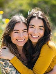 Joyful Embrace in Sunshine Two Women Celebrate Friendship in a Lush Park