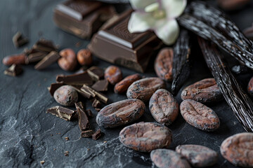 Obraz premium Raw cacao beans, chocolate pieces, and vanilla pods on a dark background