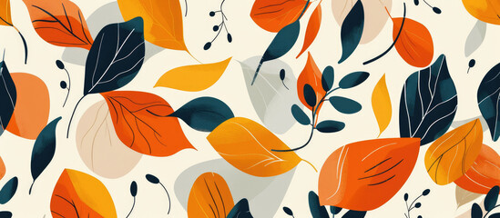 Seamless hand drawn leaf pattern in flat design style with orange and black colors on white background