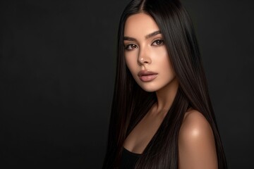Naklejka premium A beautiful woman with long straight hair posing for the camera, long shiny smooth dark brown color hair